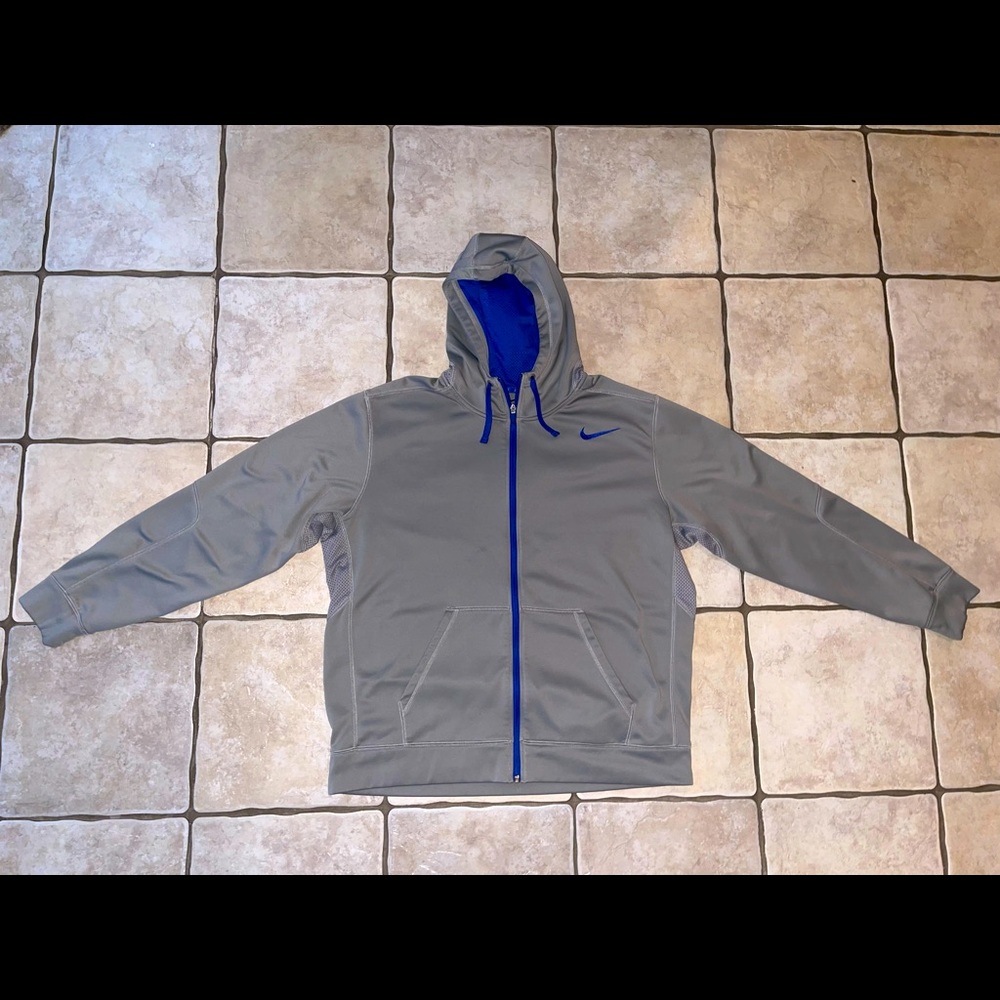 Nike Mens full zip hoodie gray size XL with blue trim detail, great condition!